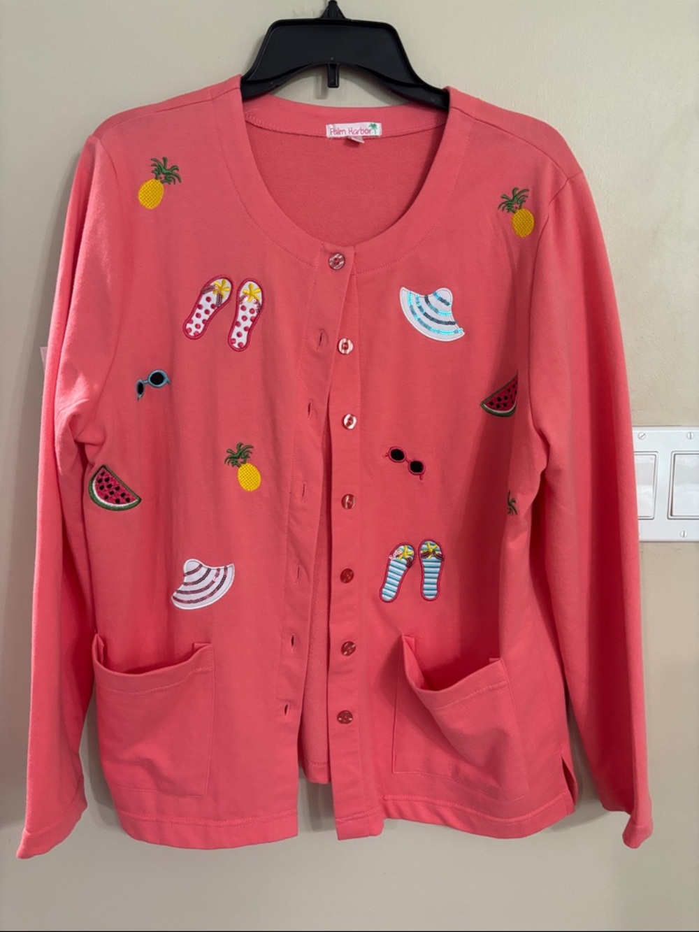Palm Harbor Coral Embroidered Summer Patch Cardigan